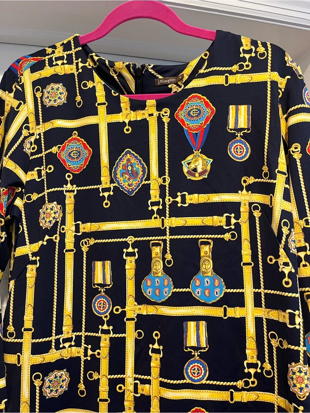 J.McLaughlin Navy & Yellow Chain Print Shift Dress. Catalina cloth SZ xl - Picture 3 of 5